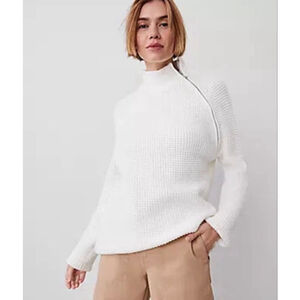 Ann Taylor Weekend White Waffle Knit Zip Turtleneck Sweater Medium NEW with tags